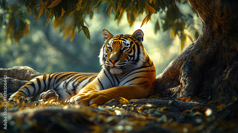 Poster a tiger resting in the shade of a banyan tree, with abstract dappled light falling on its fur, repre