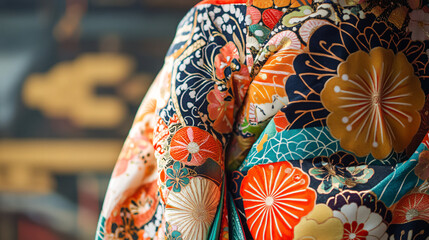 A traditional Japanese kimono with intricate patterns and vibrant colors, representing the beauty and grace of cultural festivals in Japan. 