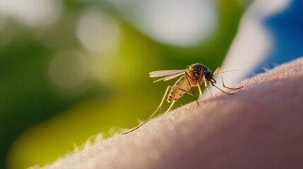 Fototapeta premium A close-up of a mosquito feeding on human skin in a natural setting.