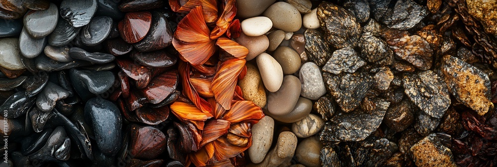 Poster Collection of various smooth stones and pebbles in different colors and textures arranged in vertical stripes.