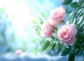 Pink roses in full bloom, soft-focus photography, blue sky background, garden setting, close-up shot, delicate petals and green leaves, sunlight filtering through the branches, a romantic atmosphere. 