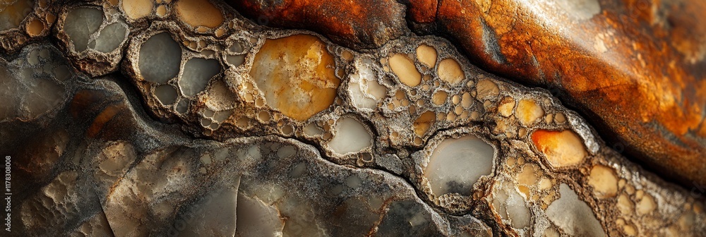 Fototapete Close-up of a multicolored stone with a rough texture and various shapes and sizes of pebbles.