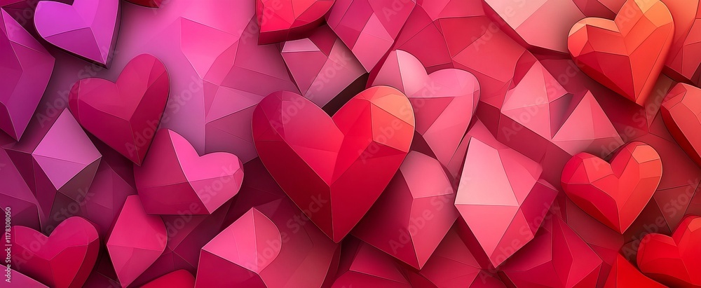 Poster bold abstract valentine's day background with overlapping 3d hearts in gradient pink and red tones. 