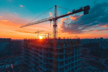 Construction Site at Sunset: Tower Crane Silhouette Against Vibrant Sky