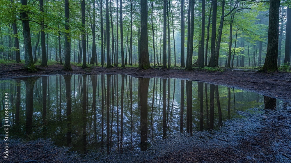 Poster misty forest reflecting in a tranquil puddle.