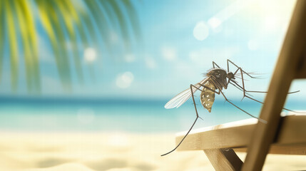 mosquito resting on beach chair with sunny beach scene in background, capturing essence of summer relaxation and nature small creatures