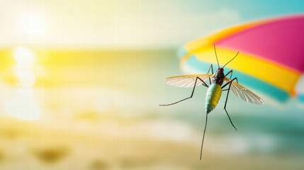 mosquito resting on colorful beach umbrella under sunny sky, capturing essence of summer days by sea. vibrant colors contrast beautifully with serene background