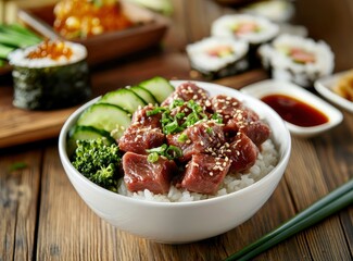 Professionally cut beef in a white bowl with ginger and cucumber, scattered Japanese rolls on a wooden table, close-up of food photography. Close-up of fried meat with rice. Asian dish with ginger