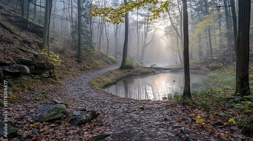 Poster Misty autumn forest path curves around a tranquil pond, sunlight filtering through the trees.