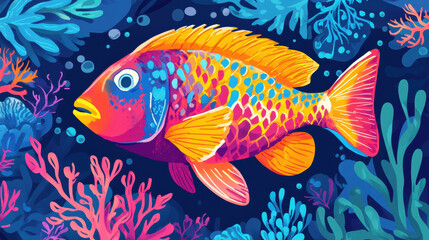 Fototapeta premium Vibrant parrotfish swimming among colorful coral reefs in ocean