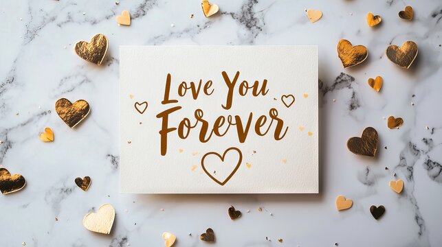 Close-Up of Love You Forever Card with Gold Hearts on Marble Background Concept of Romance, Eternal Love, Elegant Wedding, and Stylish Anniversary