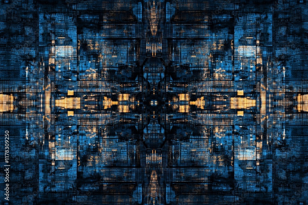 Aufkleber Abstract symmetrical pattern with blue and gold hues, resembling a complex technological or architectural design.