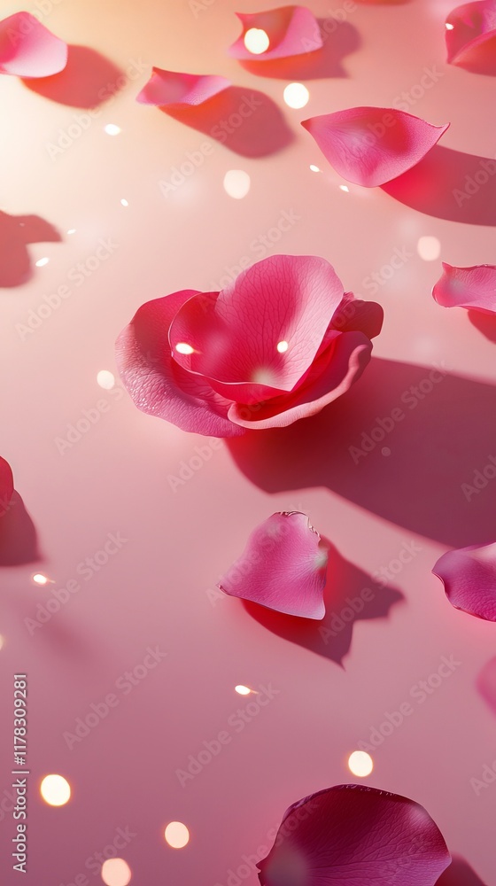 Poster delicate rose petals scattered on a pastel surface with soft light and bokeh effect creating a roman