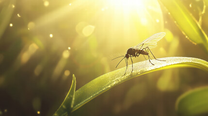 mosquito perched on leaf, illuminated by sunlight streaming through greenery, creates serene and captivating scene in nature