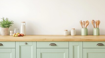 Minimalist kitchen counter with wooden countertop, light green cabinets, and kitchen utensils.