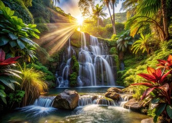 Tropical Waterfall Garden, Lush Paradise, Hidden Oasis, Deep Depth of Field Photography