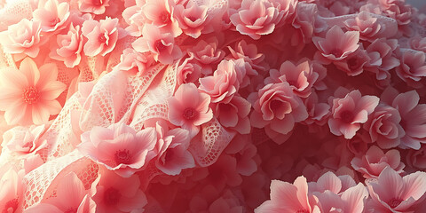 Pink peony blossoms bloom in a summer garden, showcasing their beauty with delicate petals