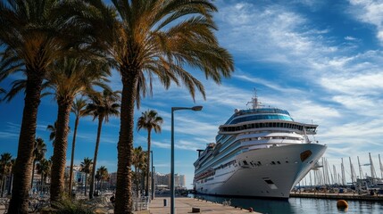 A cruise ship docked alongside palm trees under a blue sky.