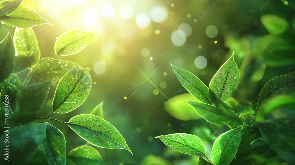 Poster delicate green leaves of spring with a calming bokeh effect in the background capturing nature's bea