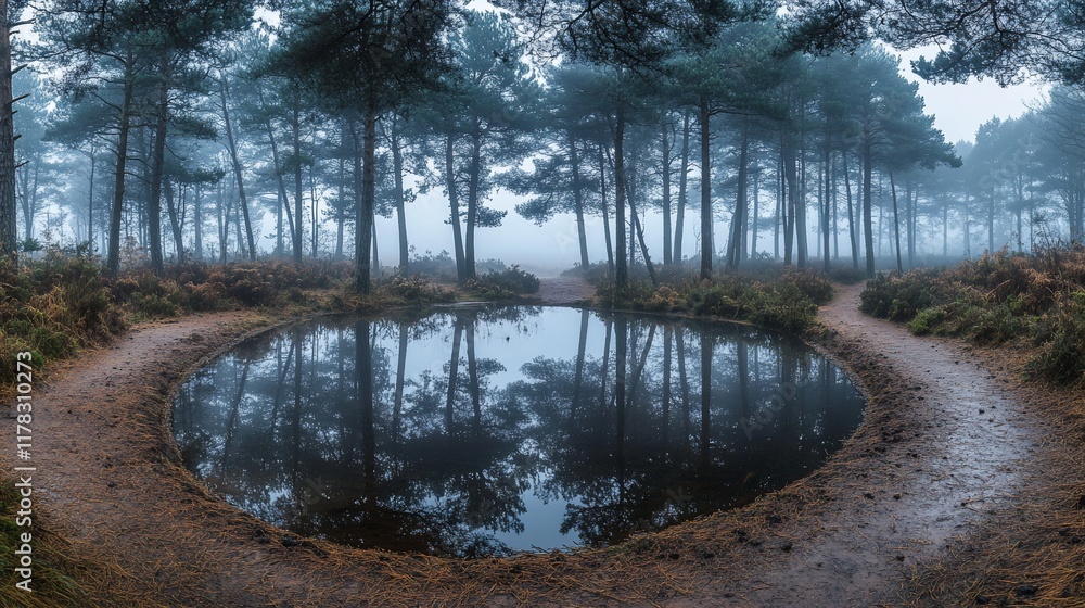 Poster misty forest path with circular pond reflecting trees.