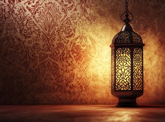 Ramadan background, in colors of brown and red, with ample copy space for text or graphics. A lantern is lit in the corner of the frame, casting intricate shadows on an empty wall decorated 