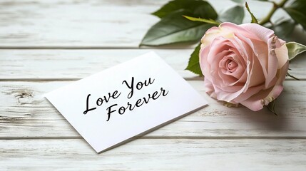 Elegant Handwritten Message Love You Forever on Classic Card Beside Pink Rose on Wooden Table. Concept of Romance, Timeless Love, Sentimentality, and Elegant Floral Art