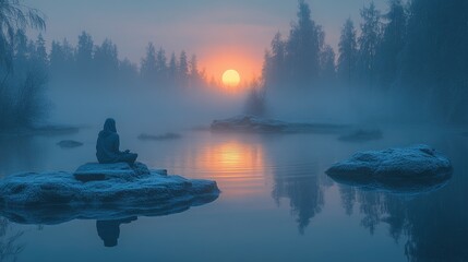 Solitary figure meditates on snowy river rocks at misty sunrise