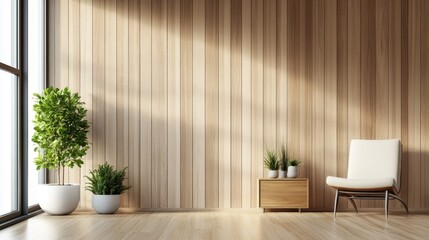 Minimalist room with wood wall, chair, plants.