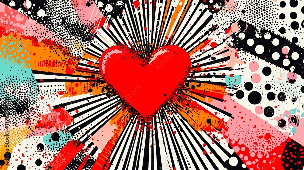 Aufkleber explosive pop art design featuring a vibrant red heart with dynamic patterns and bold colors. concep