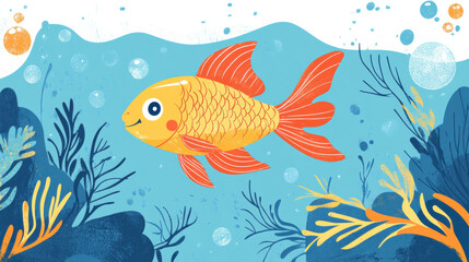 Fototapeta premium cheerful goldfish swims among colorful underwater plants and bubbles