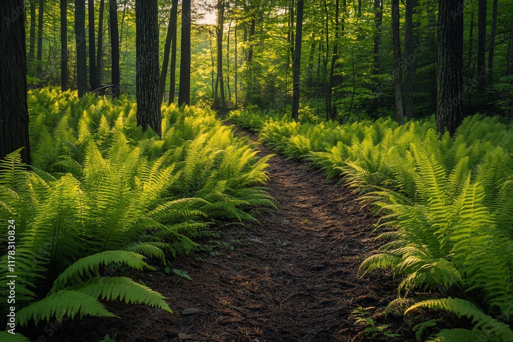 Aufkleber sunlit path through lush forest with ferns.