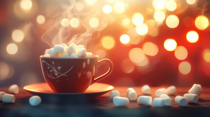 steaming cup of hot chocolate with marshmallows creates cozy atmosphere, surrounded by warm bokeh lights that enhance inviting scene