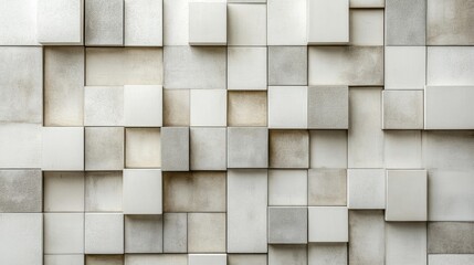 A textured wall composed of various square tiles in neutral tones.