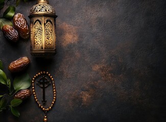Fototapeta premium Ramadan background, in the color gold, with a lantern, dates, and a rosary on the side, space for text in the center, in a professional photography style, minimalistic.