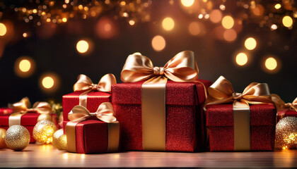 beautiful red and gold presents with glistening bows nestled among holiday lights for a festive look