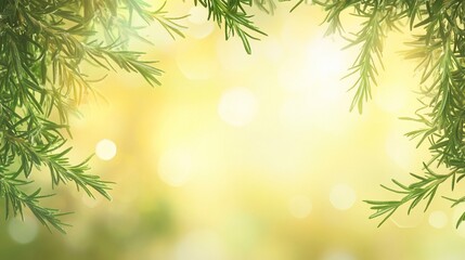 Fototapeta premium Sunny rosemary sprigs frame bokeh background.