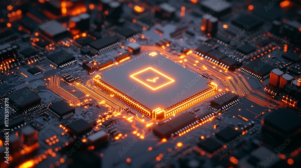 Poster illuminated cpu on circuit board.