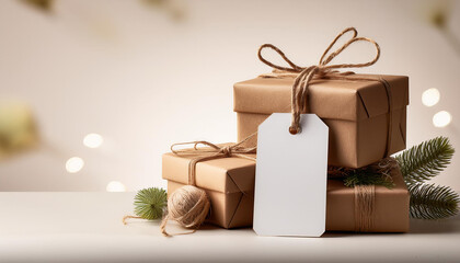 a stack of wrapped gifts with a large blank tag in the foreground perfect for a holiday message