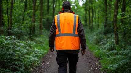 Person Walking in Forest Wearing Bright Orange Safety Vest