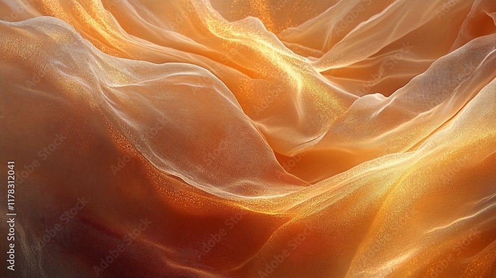 Poster abstract golden fabric texture with soft, flowing waves and warm light.