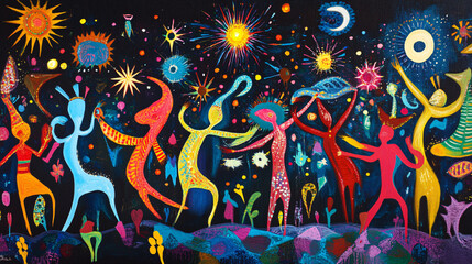 Obraz premium A vibrant depiction of a tribal dance ritual, with abstract figures moving in unison, their bodies creating dynamic shapes and energy in the night. 