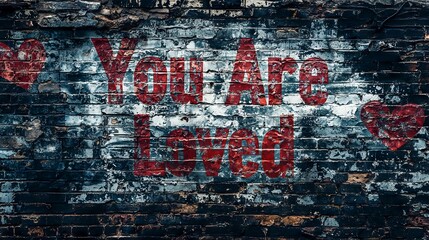 Fototapeta premium Grunge Art of You Are Loved Painted in Bold Red on Brick Wall with Heart Symbols Indicating Urban Street Art, Encouragement, and Love Expression