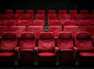 Red cinema seats in an empty theater, front view. Background with soft focus on the seats and blurred background of rows of red chairs in the theater hall. No people or audience, only armchairs. Stock