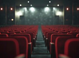 Fototapeta premium Red cinema seats in an empty theater, front view. Background with soft focus on the seats and blurred background of rows of red chairs in the theater hall. No people or audience, only armchairs. Stock