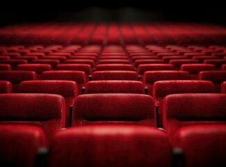 Naklejka premium Red cinema seats in an empty theater, front view. Background with soft focus on the seats and blurred background of rows of red chairs in the theater hall. No people or audience, only armchairs. Stock