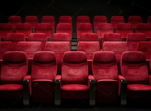 Red cinema seats in an empty theater, front view. Background with soft focus on the seats and blurred background of rows of red chairs in the theater hall. No people or audience, only armchairs. Stock