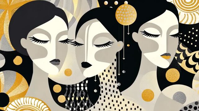Abstract animated illustration with three women and art deco geometric shapes