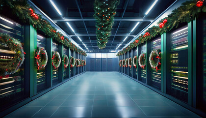 spacious data center facility decorated for the holidays with festive wreaths generative ai