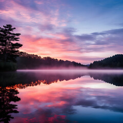 Obraz premium Tranquil Morning at a Lake Cabin: Vivid Sunrise Reflecting off Calm Waters with Silhouetted Pier