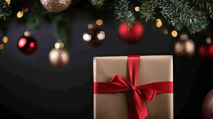A festive gift wrapped in gold with a red ribbon under a tree.